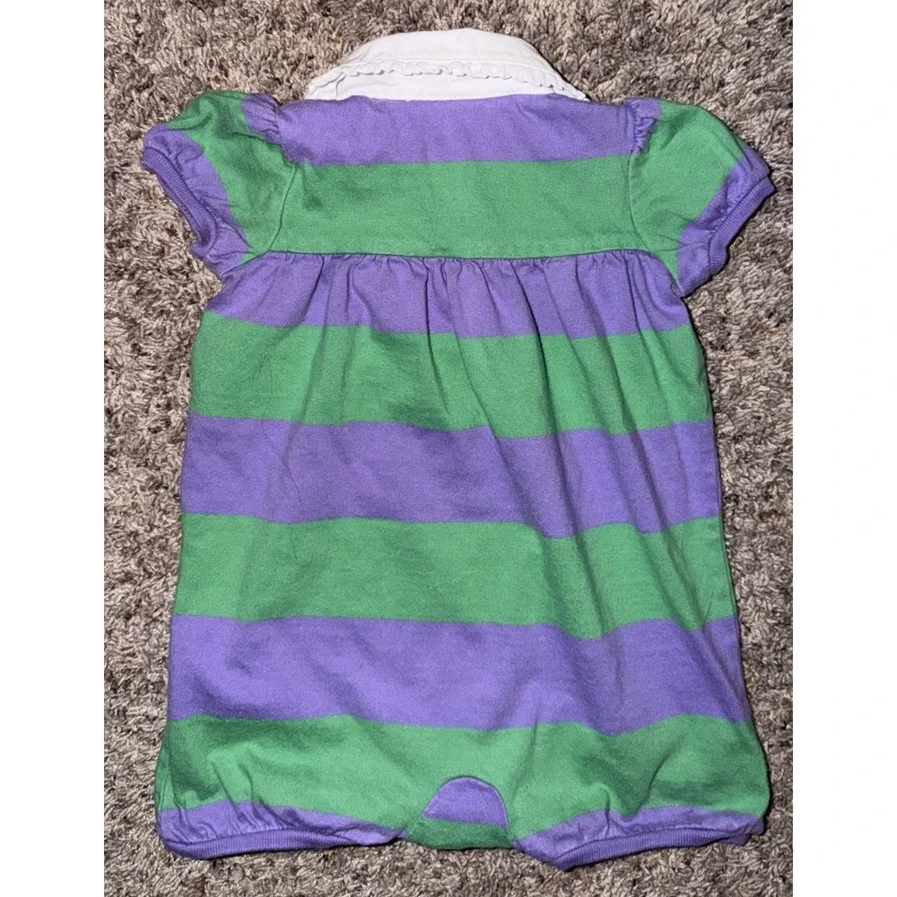 Ralph‎ Lauren Outfit Romper Layette Purple Green Striped One piece Pony Logo 9M
